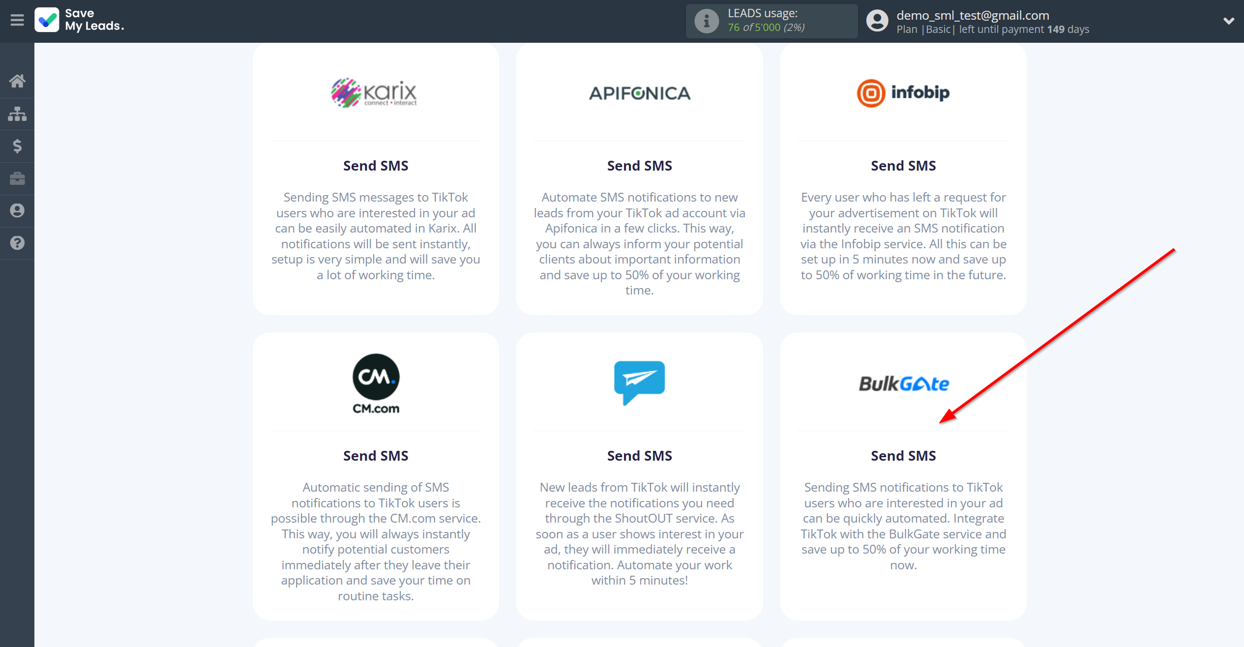 How to Connect&nbsp;TikTok with BulkGate | Data Destination system selection