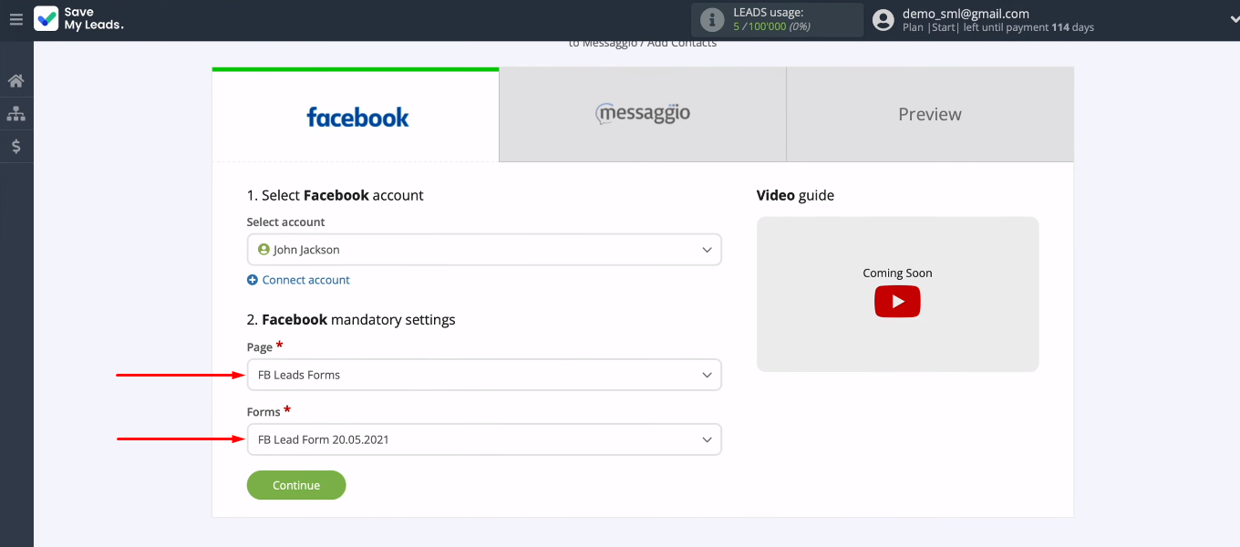 Facebook and Messaggio integration | Specify the ad page and lead form