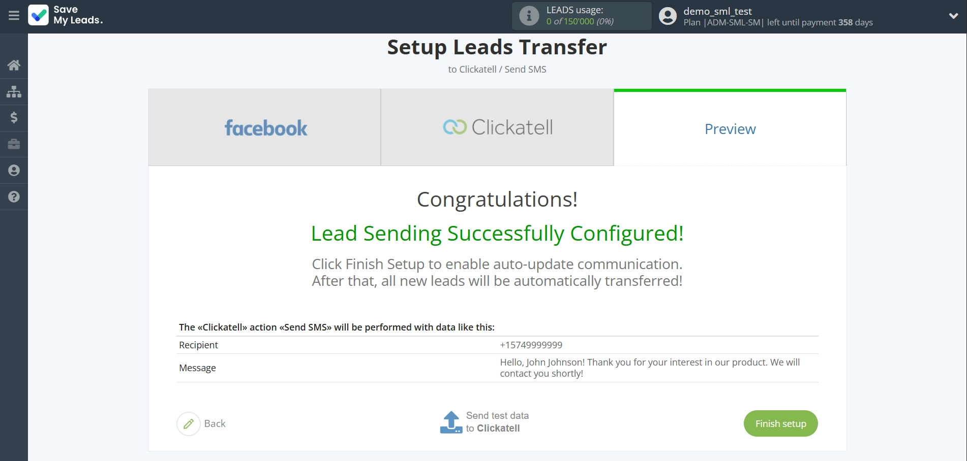 How to Connect Facebook with Clickatell | Test data