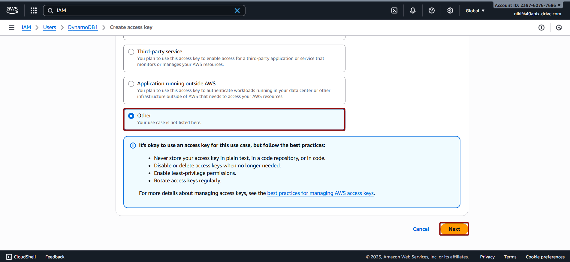 How to Connect Facebook with Amazon DynamoDB | Data Destination account connection