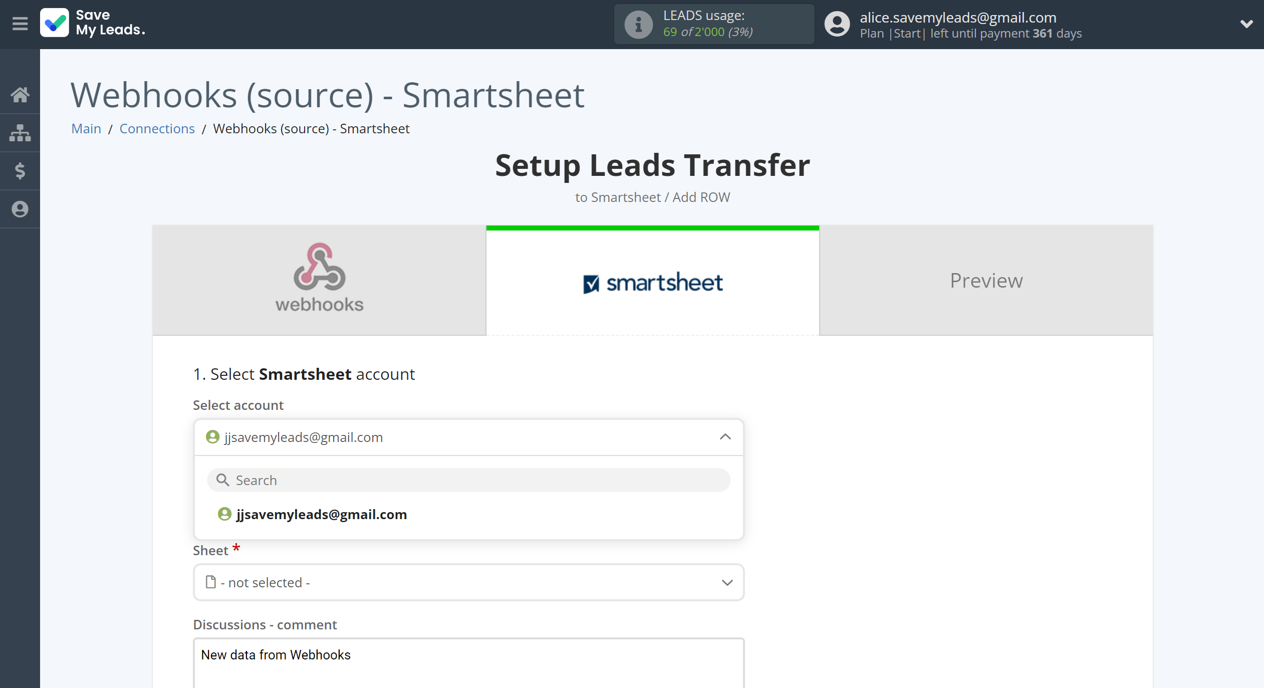 How to Connect Webhooks with Smartsheet | Data Destination account selection