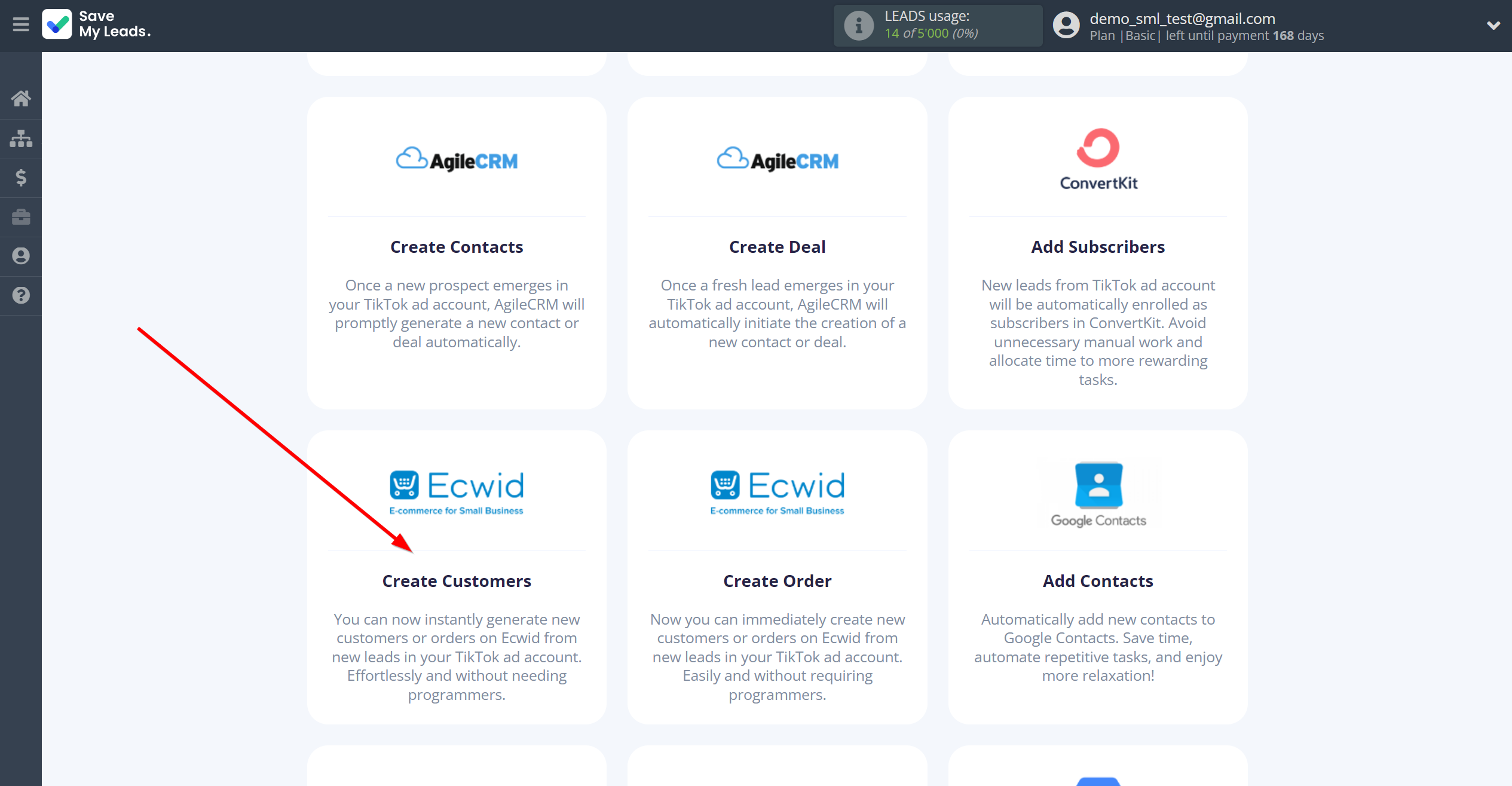 How to Connect TikTok with Ecwid Create Customers | Data Destination system selection