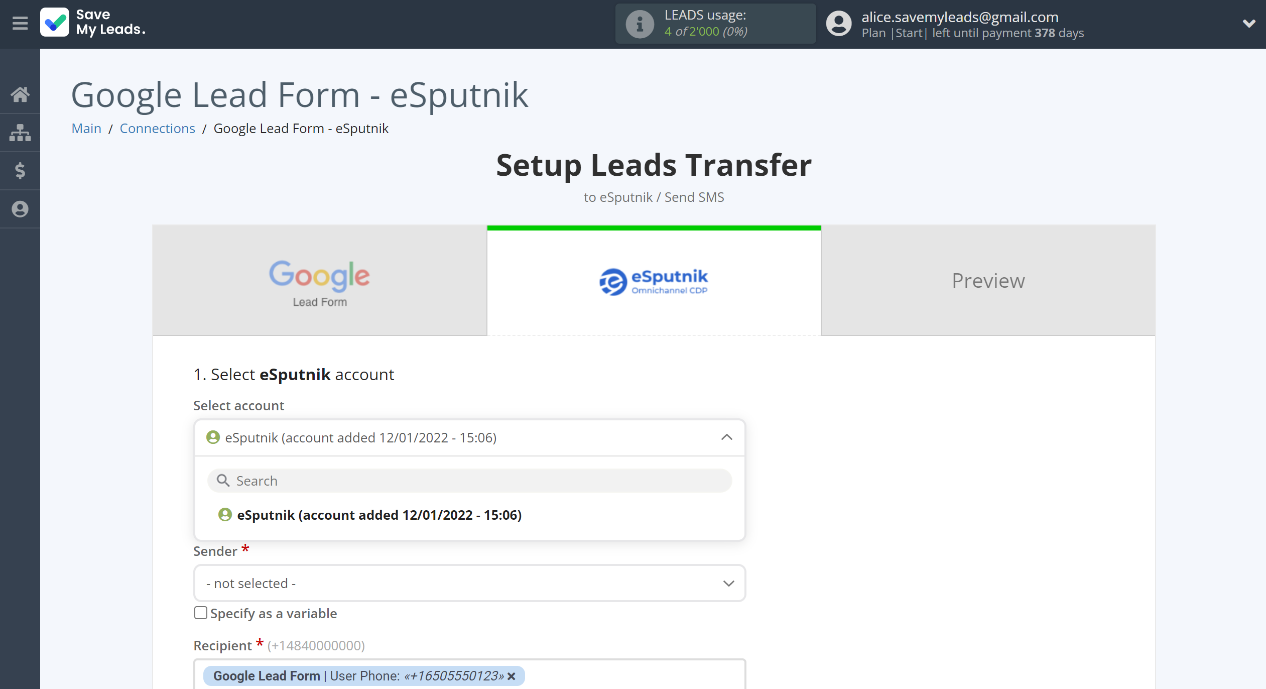 How to Connect Google Lead Form with eSputnik Send SMS | Data Destination account selection