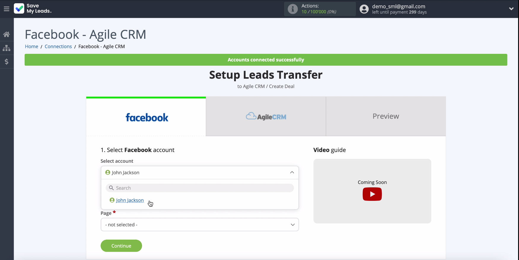 Facebook and AgileCRM integration | Select a connected account