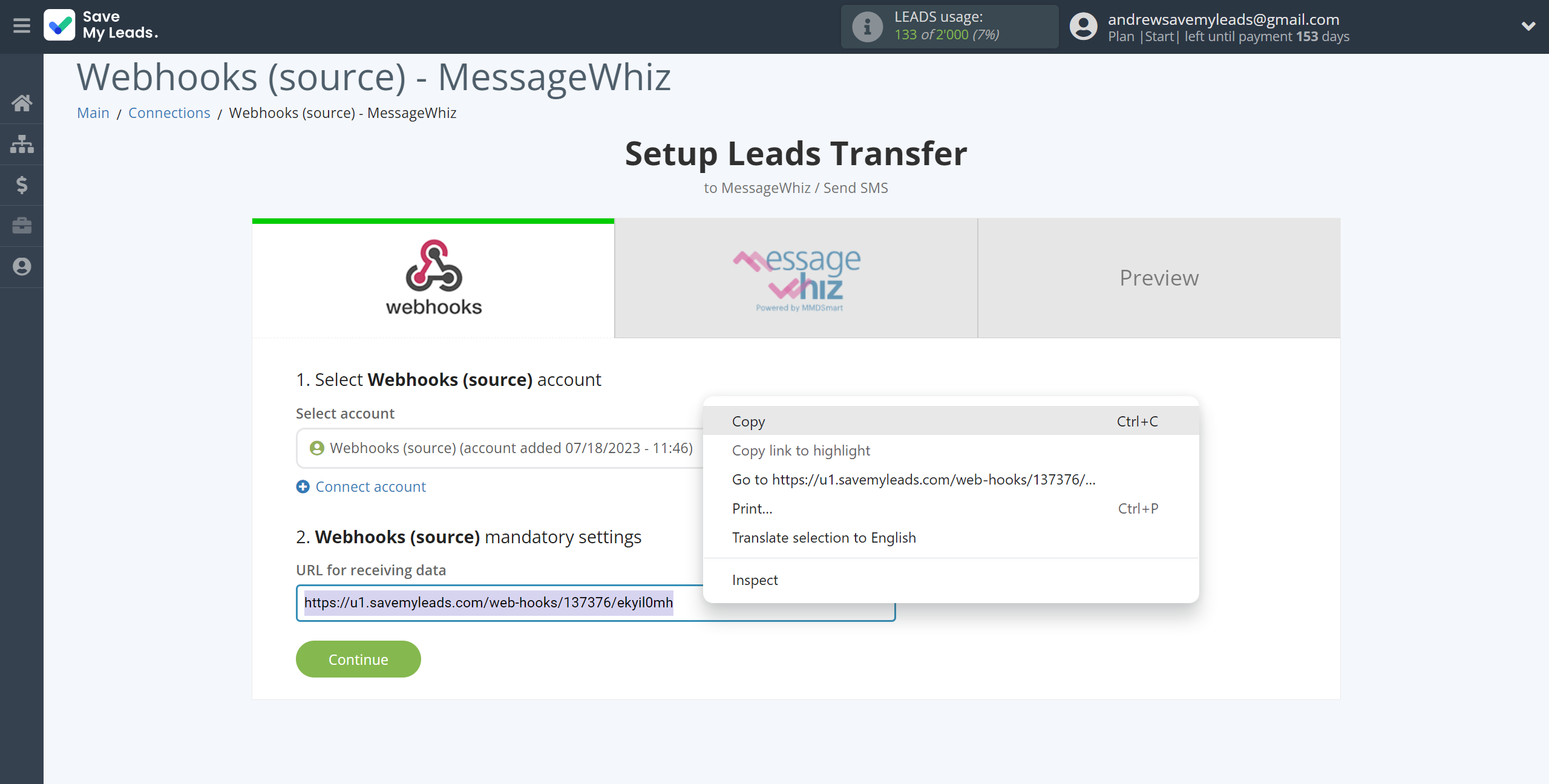 How to Connect Webhooks with MessageWhiz | Data Source account connection