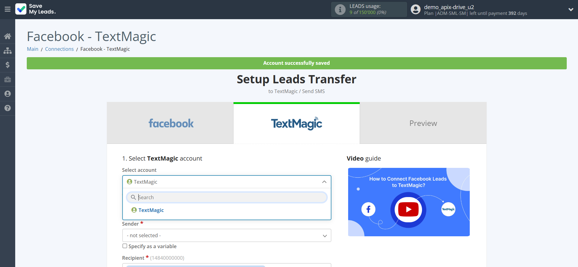 How to Connect Facebook with TextMagic | Data Destination account selection How to Connect Facebook with TextMagic | Data Destination account selection