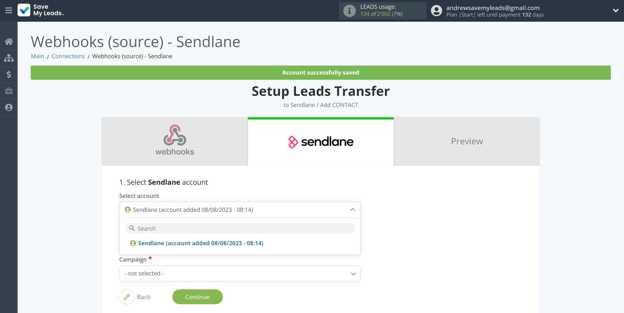 How to Connect Webhooks with Sendlane Add Contacts | Data Destination account selection