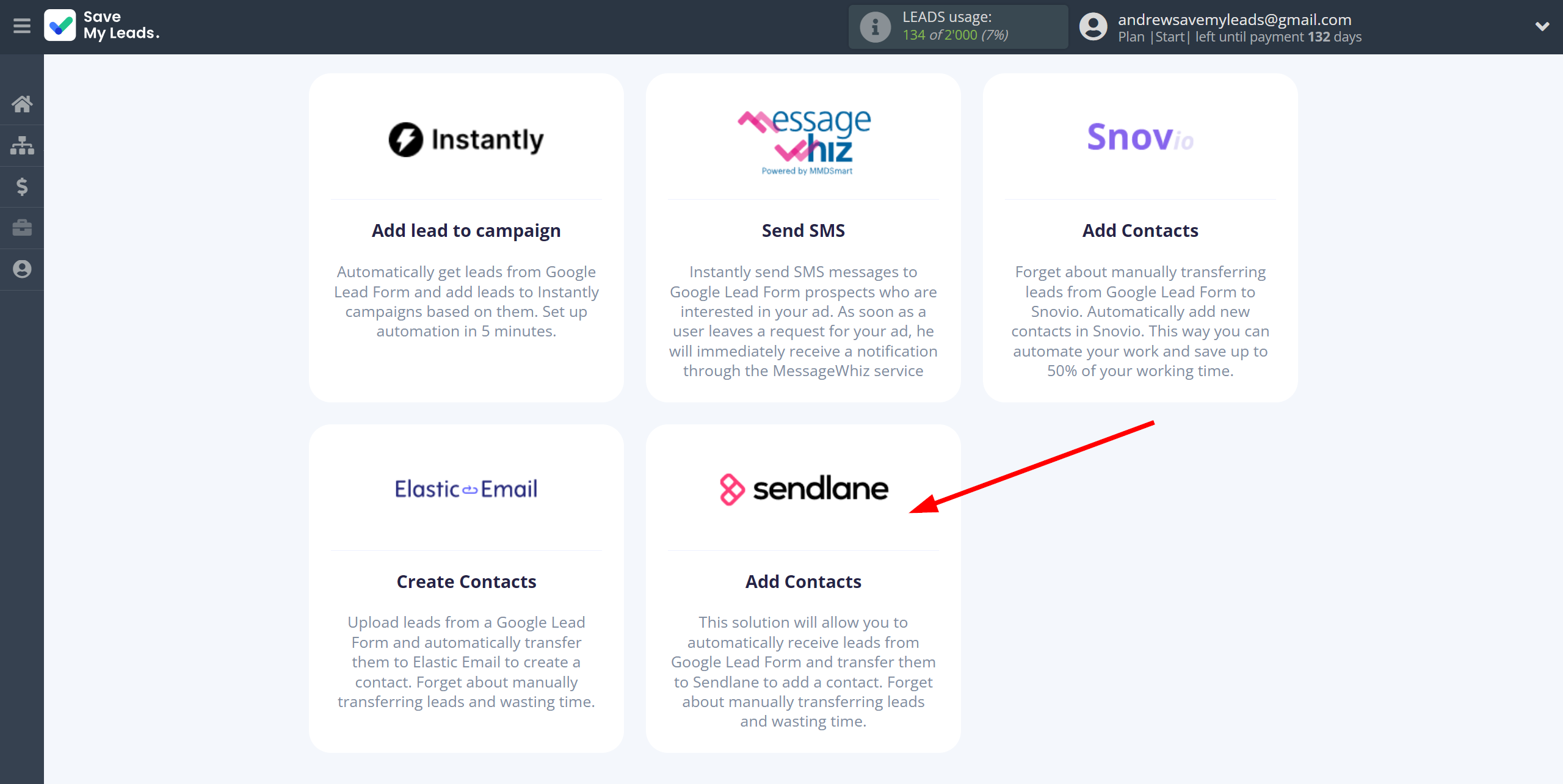 How to Connect Google Lead Form with Sendlane Add Contacts | Data Destination system selection