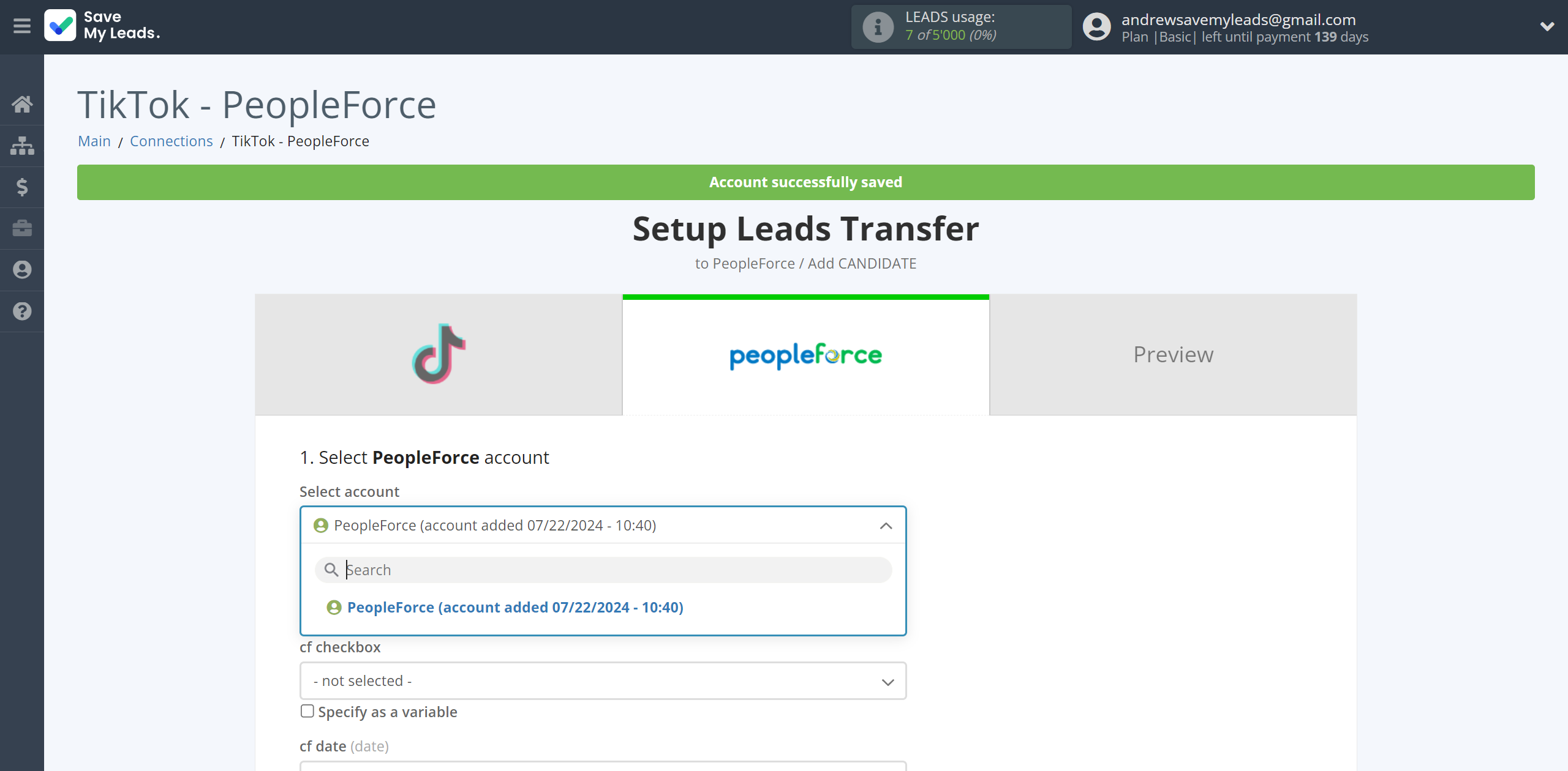 How to Connect TikTok with PeopleForce Add Candidate | Data Destination account selection