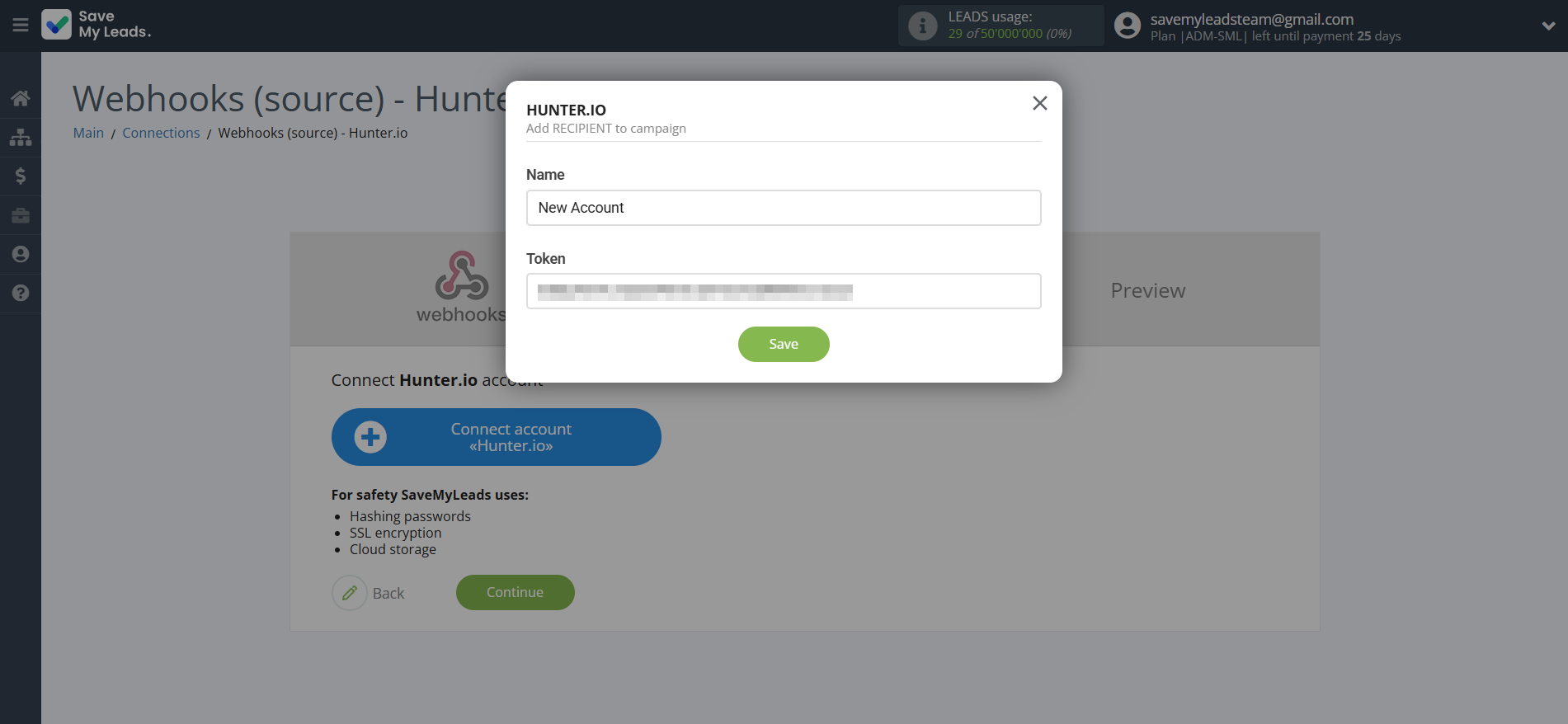 How to Connect Webhooks with Hunter.io Create Contact | Data Destination account connection