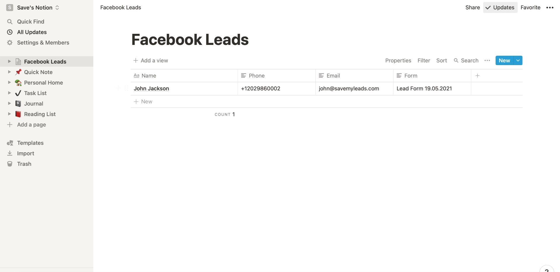 How to set up the upload of new leads from your Facebook ad account to Notion |&nbsp;Example of lead data in Notion