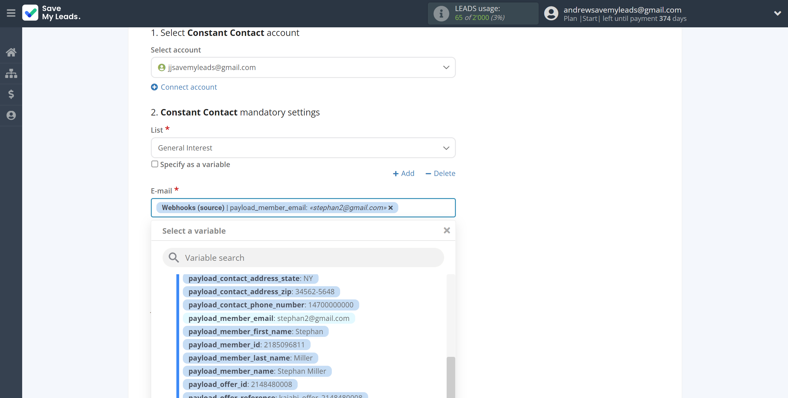 How to Connect Webhooks with Constant Contact | Assigning fields