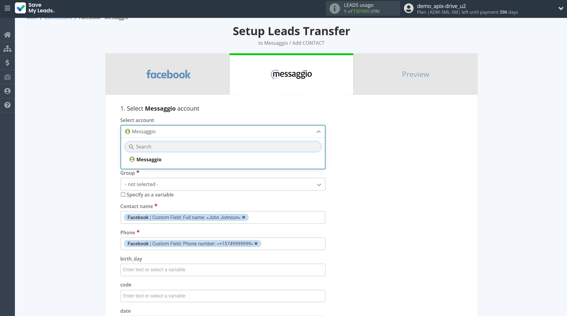 How to Connect Facebook with Messaggio | Data Destination account selection How to Connect Facebook with Messaggio | Data Destination account selection