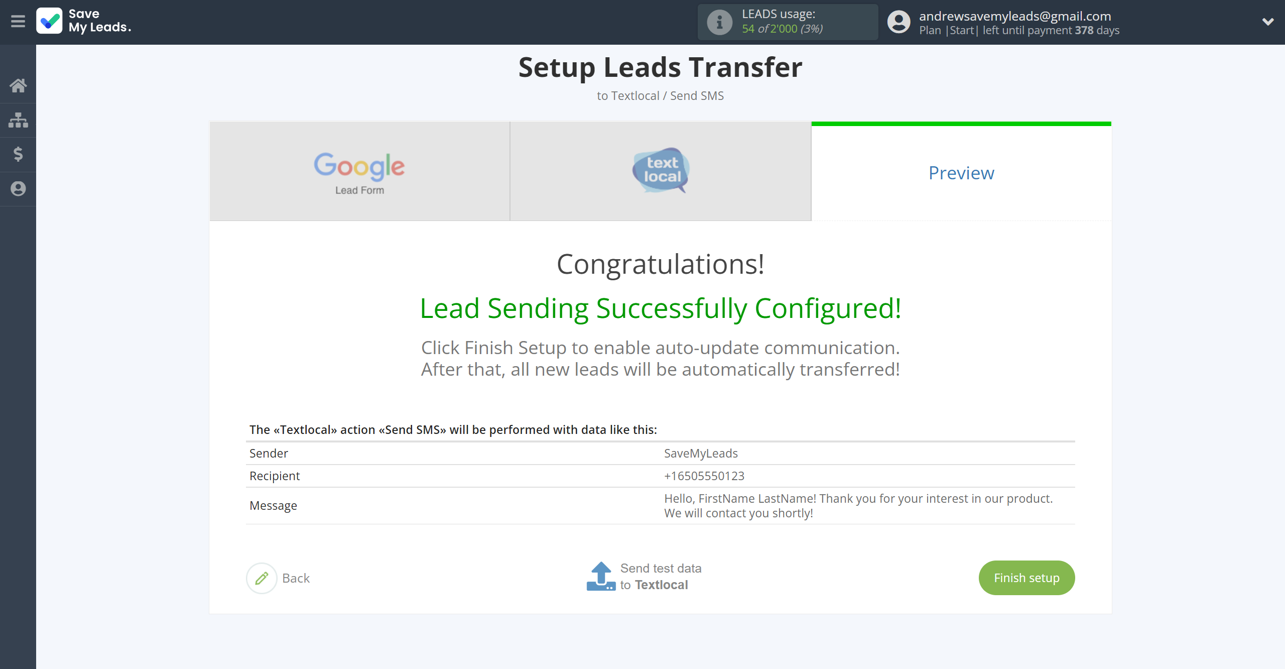 How to Connect Google Lead Form with Textlocal | Test data