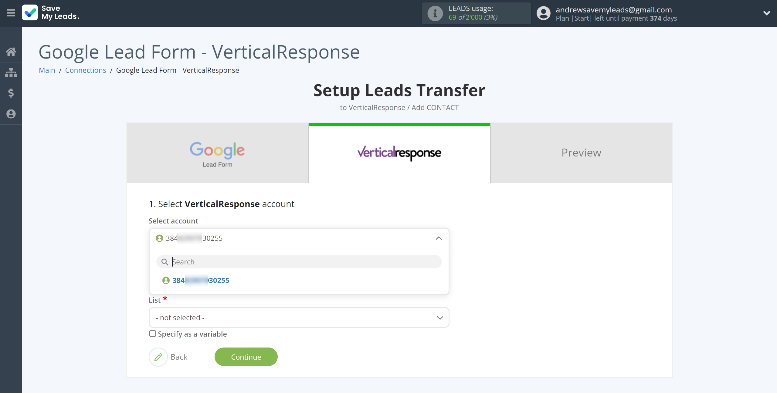 How to Connect Google Lead Form with VerticalResponse | Data Destination account selection