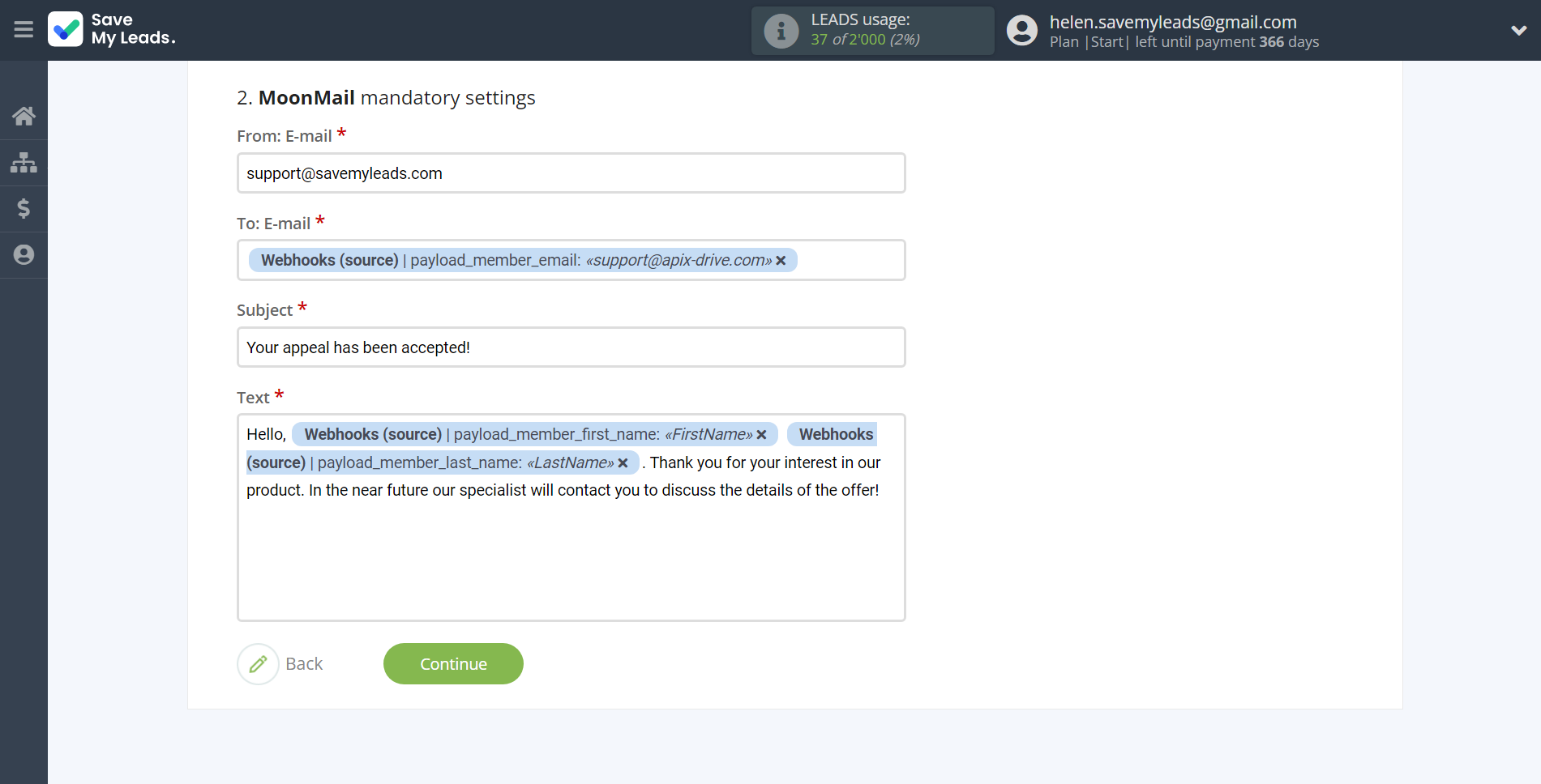 How to Connect Webhooks with MoonMail | Assigning fields