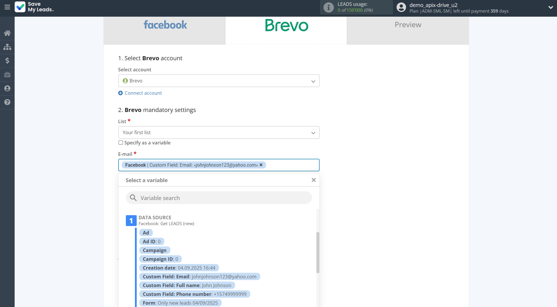 How to Connect Facebook with Brevo | Assigning fields