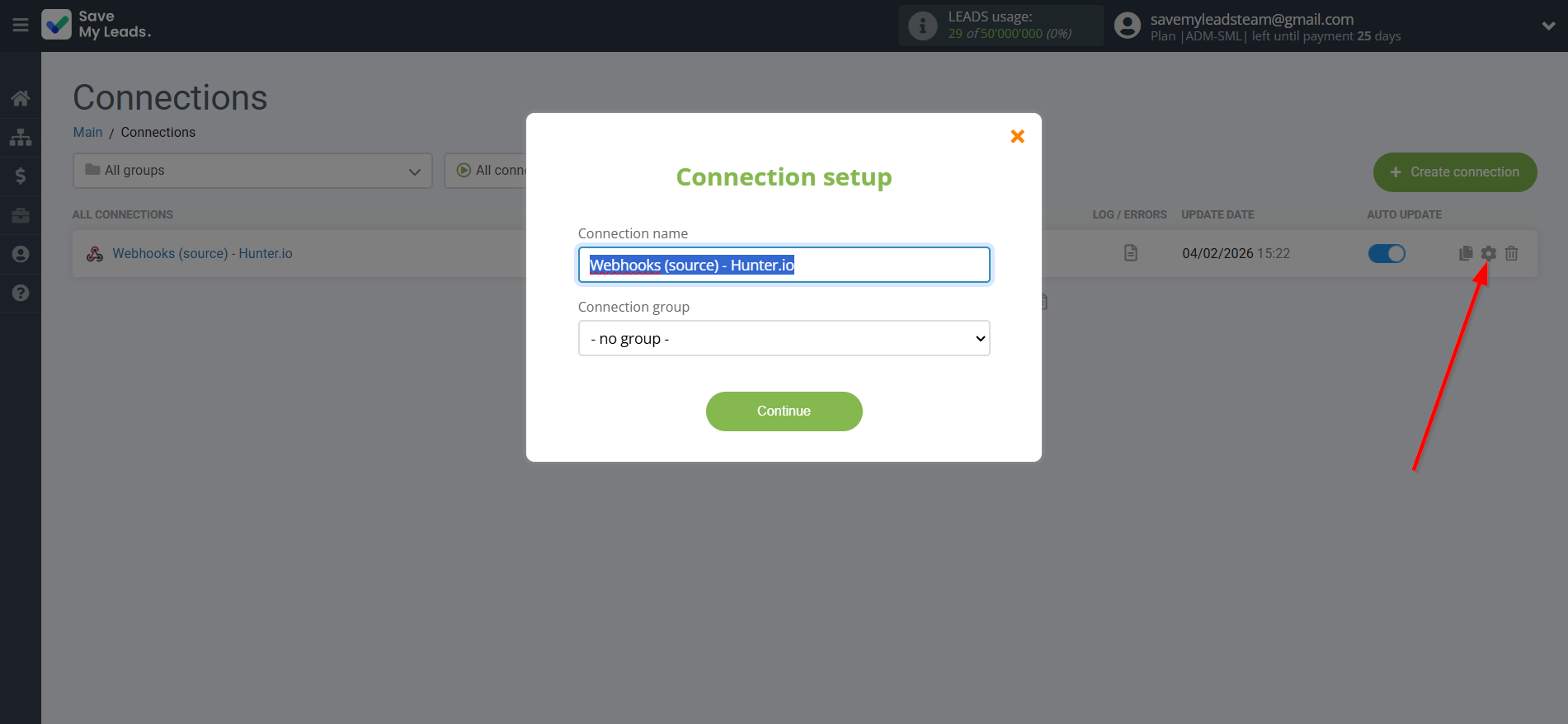 How to Connect Webhooks with Hunter.io Create Contact | Name and group connection