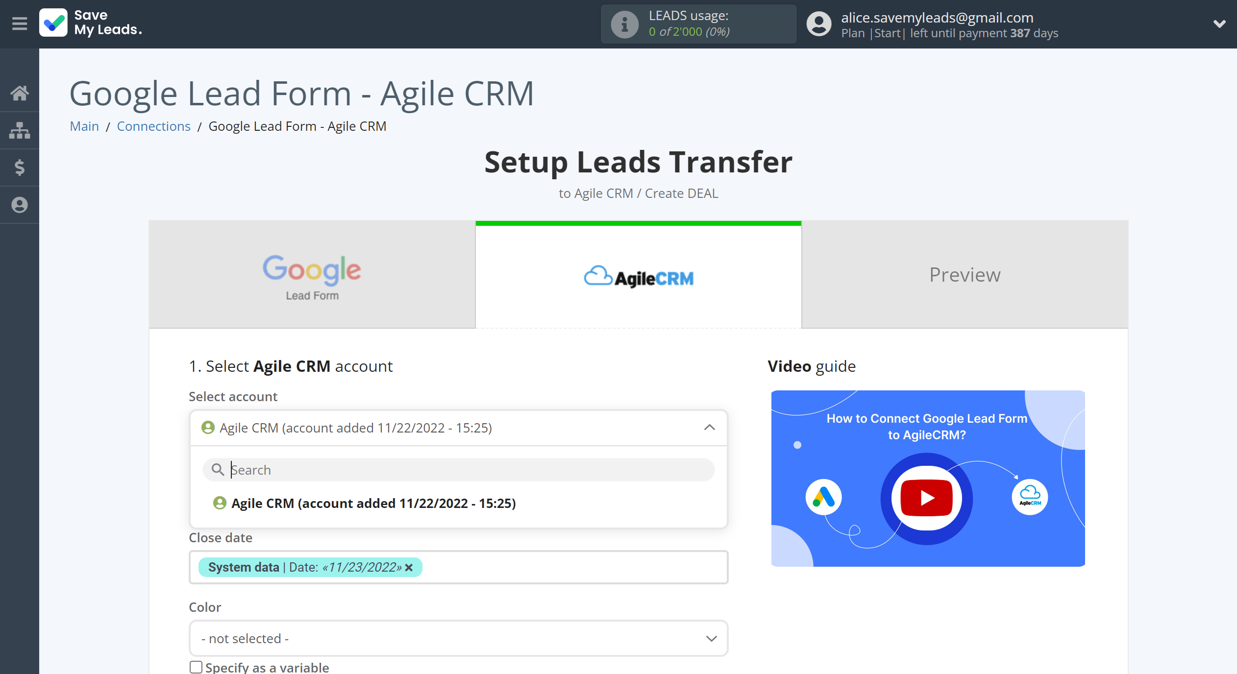 How to Connect Google Lead Form with AgileCRM Create Deal| Data Destination account selection