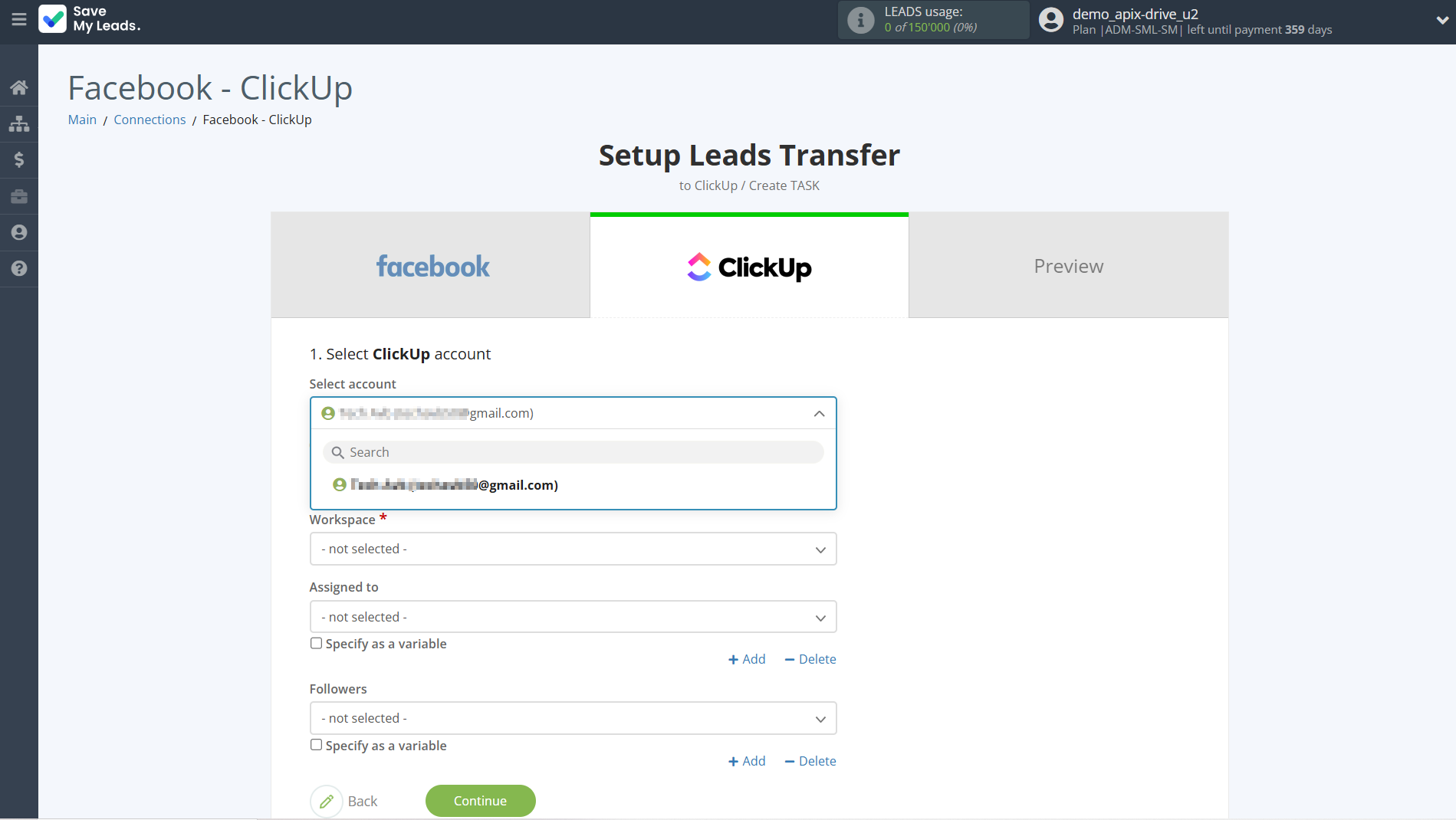 How to Connect Facebook with ClickUp | Data Destination account selection