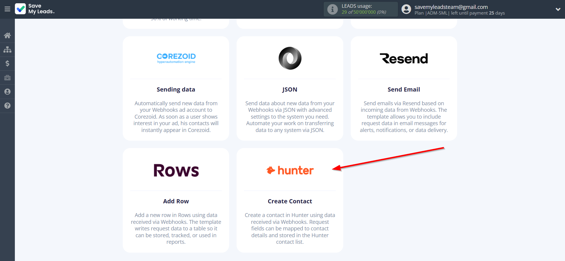 How to Connect Webhooks with Hunter.io Create Contact | Data Destination system selection