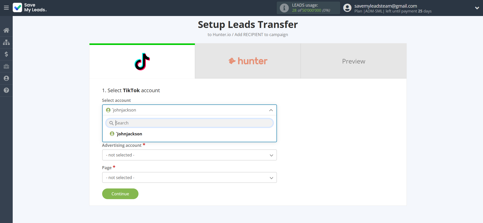 How to Connect TikTok with Hunter.io Create Contact | Data Source account selection