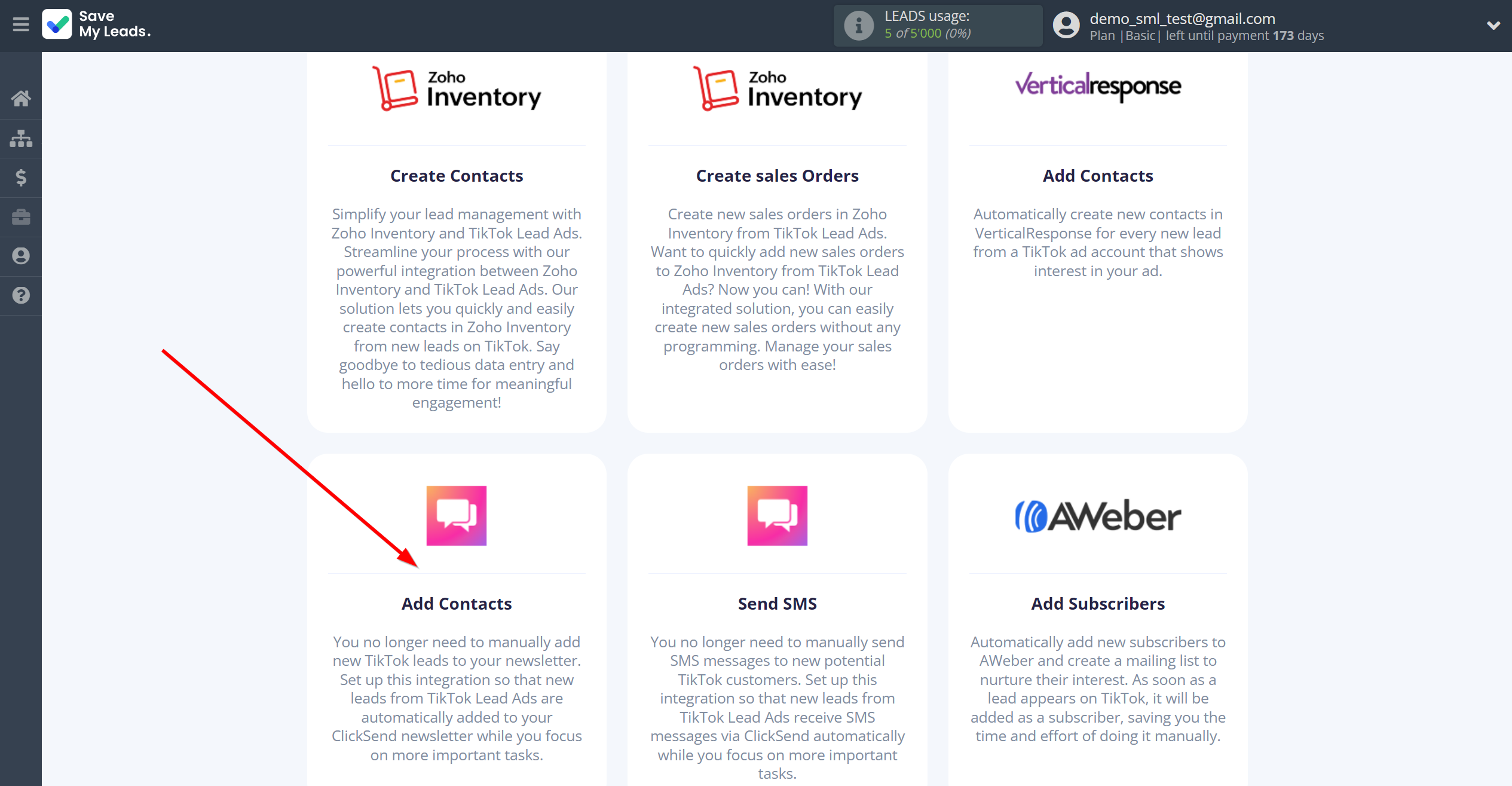 How to Connect TikTok with ClickSend Add Contacts | Data Destination system selection