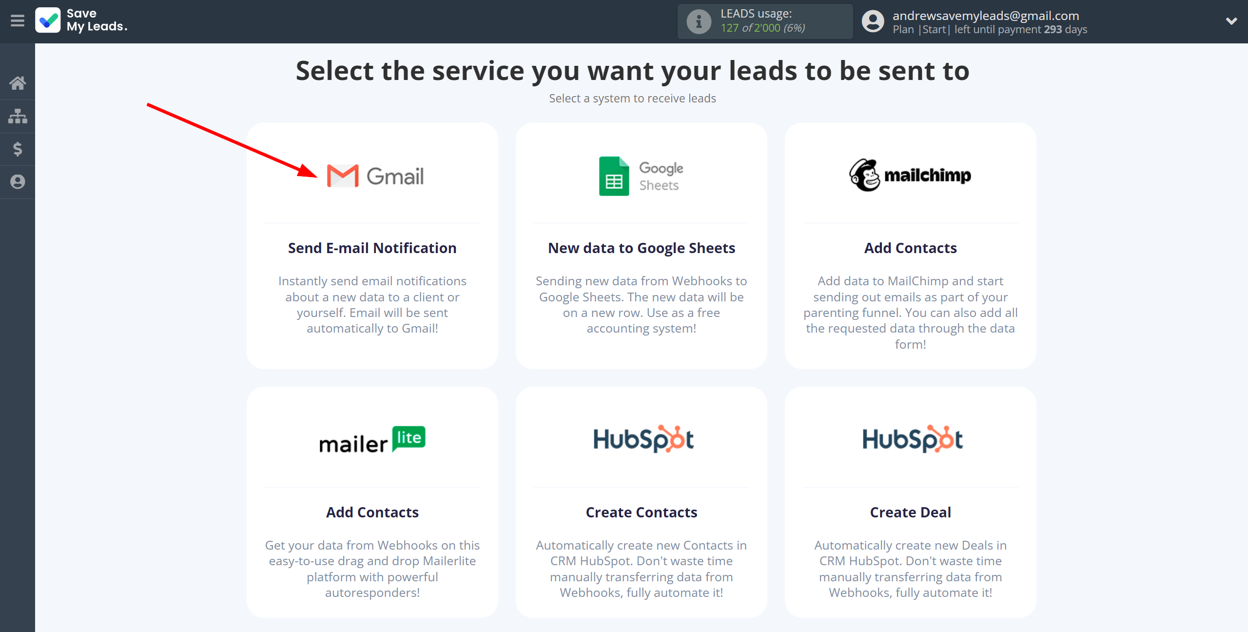 How to Connect Webhooks with Gmail | Data Destination system selection