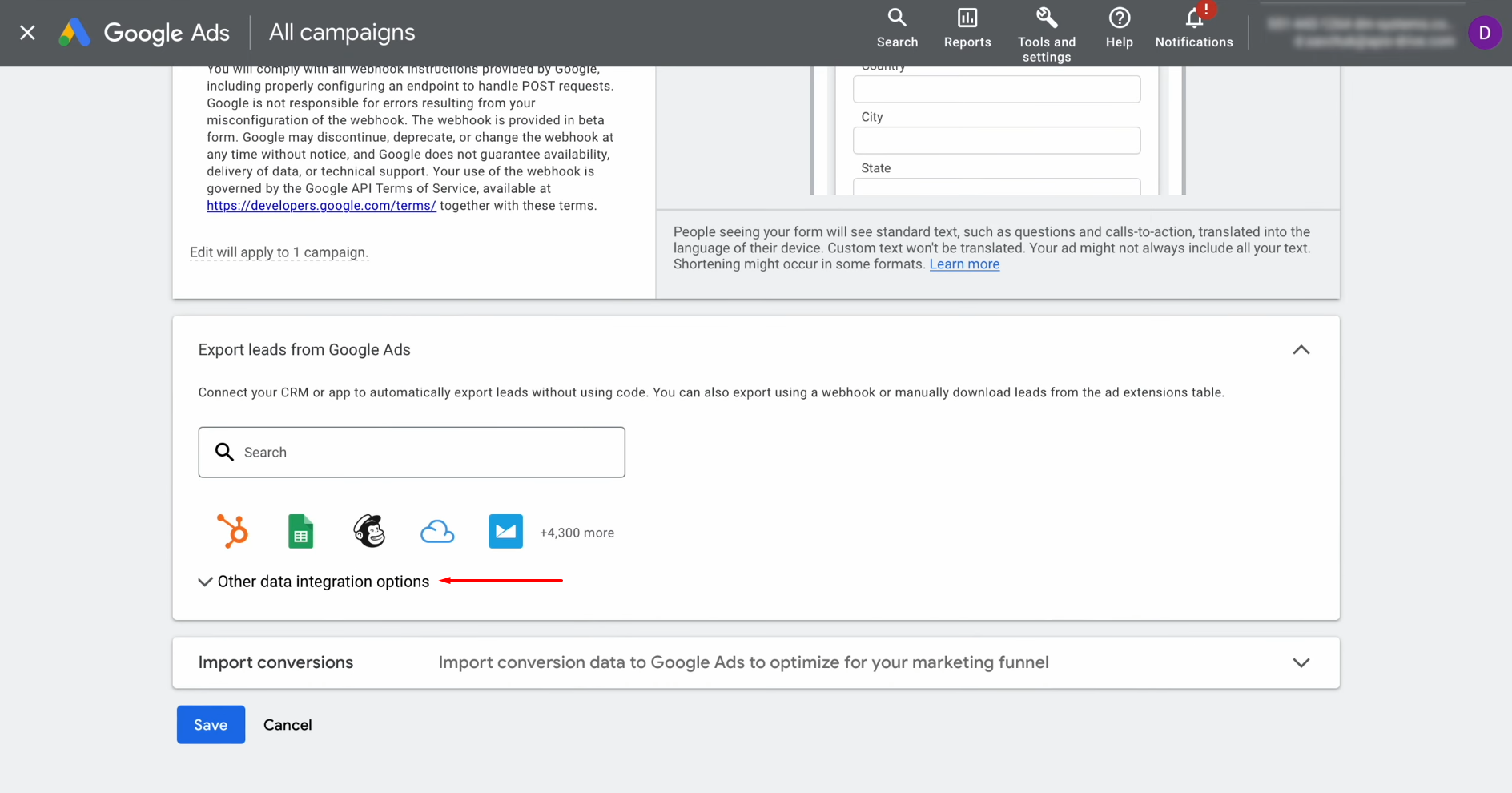 Find the “Other data integration options” section Find the “Other data integration options” section