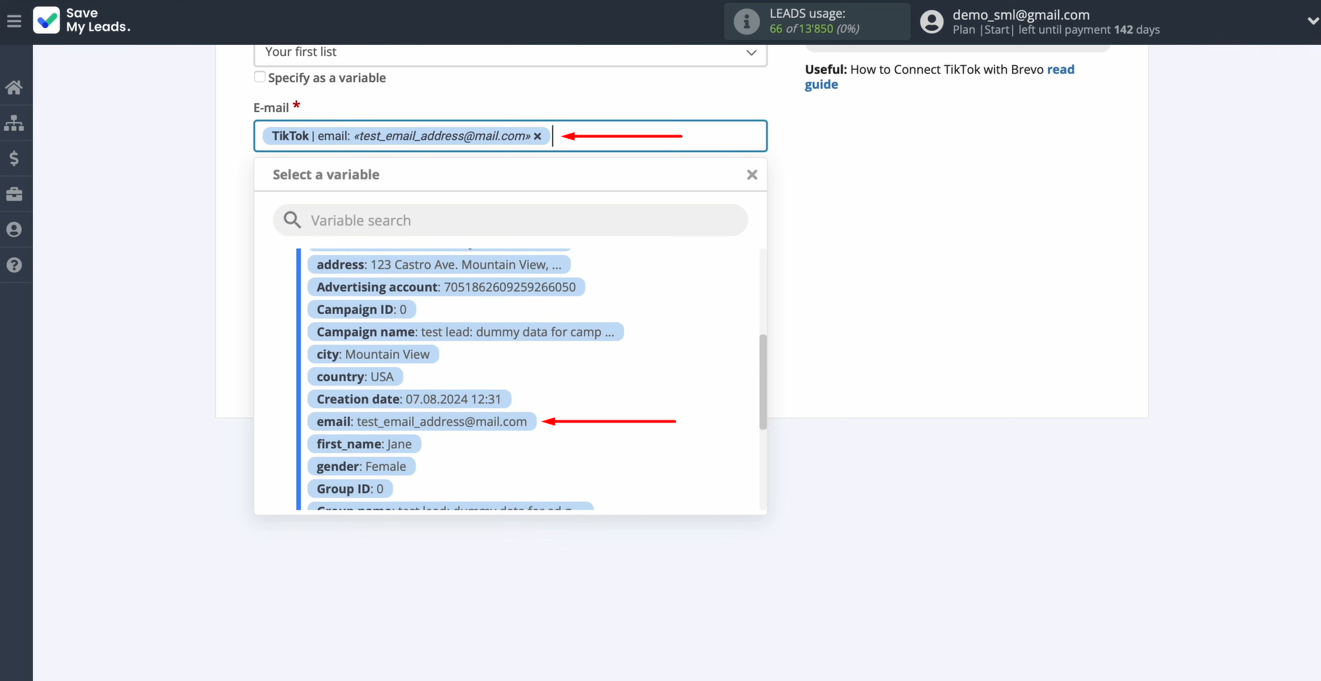 Fill in the Brevo contact fields with the appropriate variables