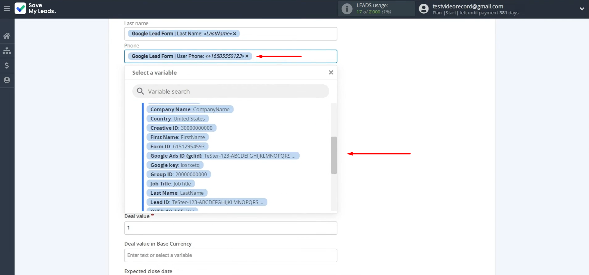 Freshworks fields where you can assign variables from the Google Lead Form Freshworks fields where you can assign variables from the Google Lead Form