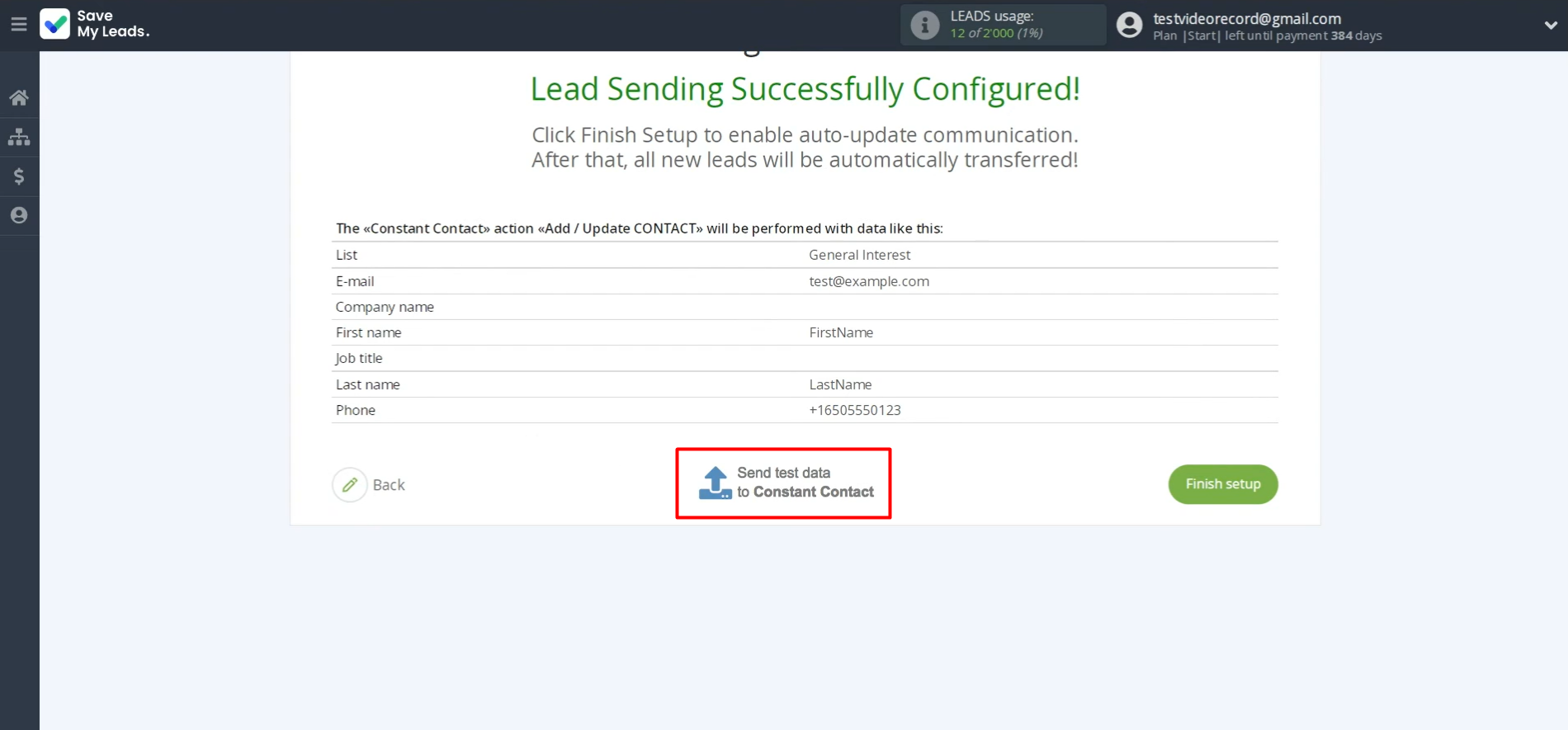 Send test data to Constant Contact Send test data to Constant Contact