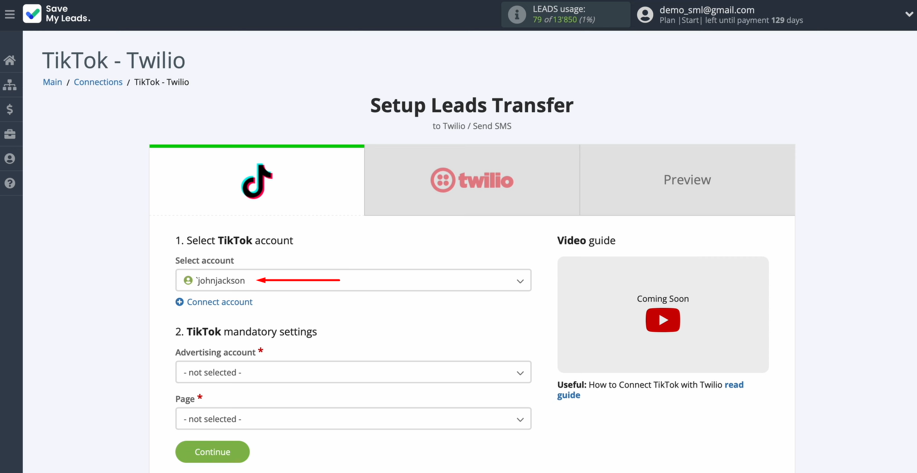 Select the connected account