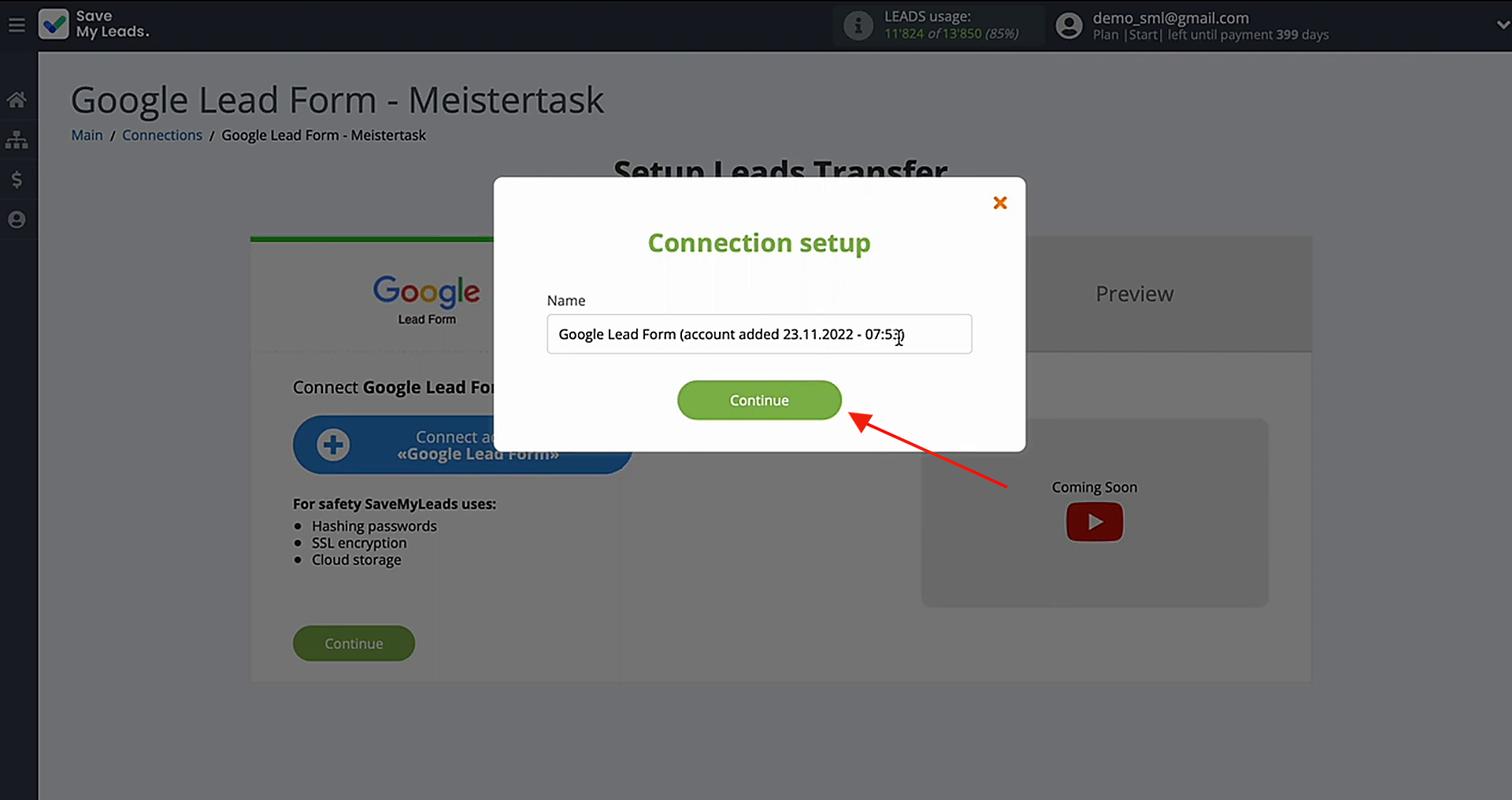 Name the connection or click Continue