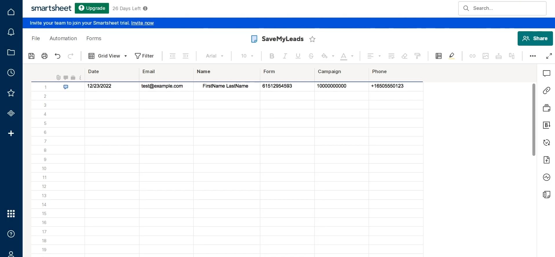 Google Ads Lead Form and Smartsheet integration | Result of the data transfer to Smartsheet Google Ads Lead Form and Smartsheet integration | Result of the data transfer to Smartsheet
