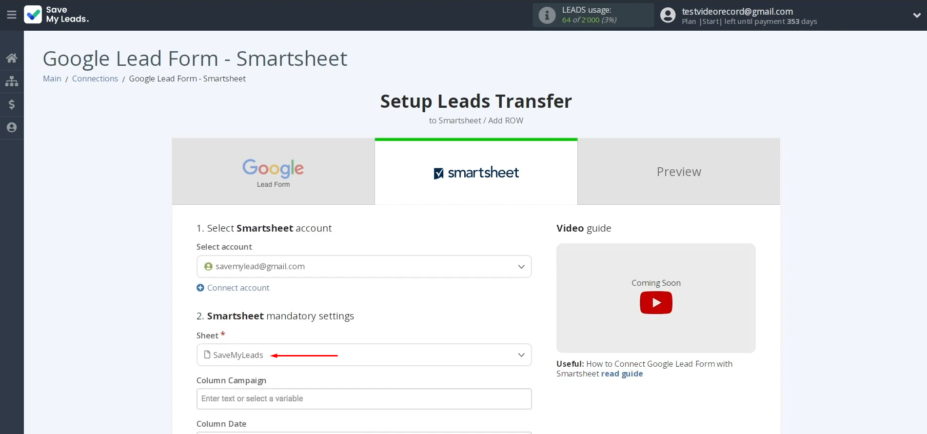 Smartsheet and Google Lead Form integration | Choose the sheet Smartsheet and Google Lead Form integration | Choose the sheet
