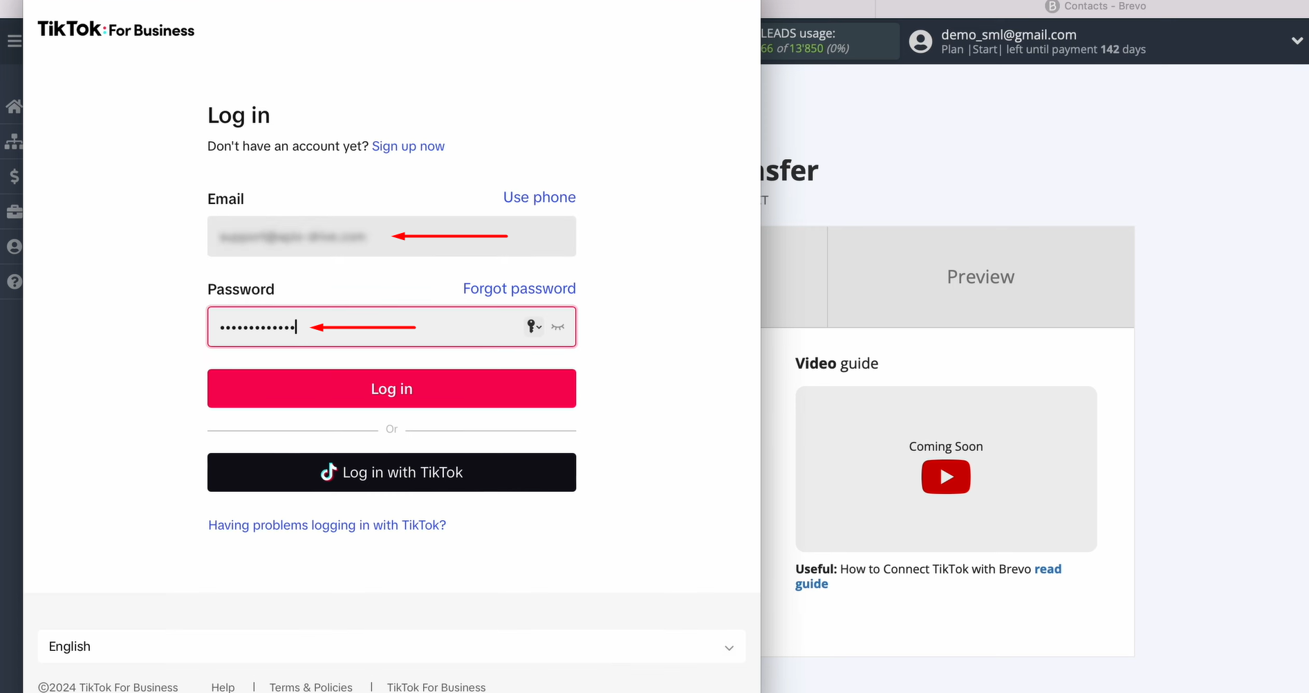 Enter the credentials for your TikTok personal account