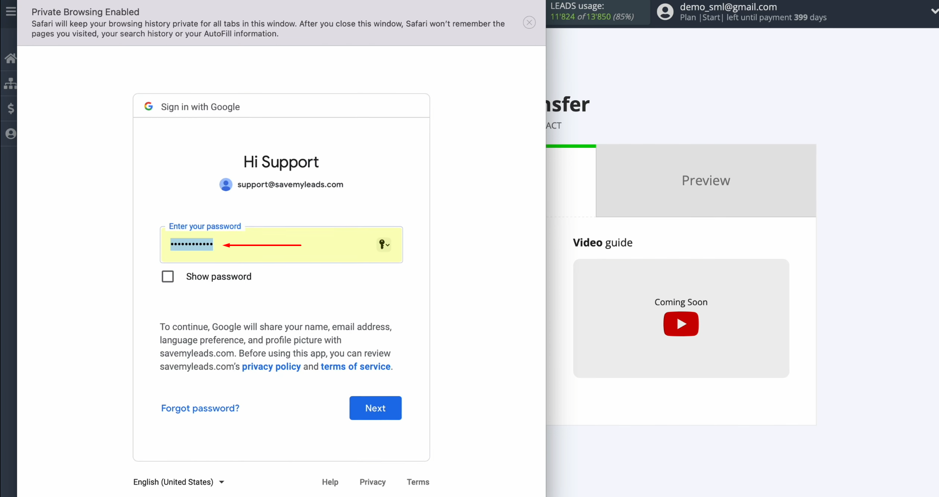 Specify the password of your Google account Specify the password of your Google account