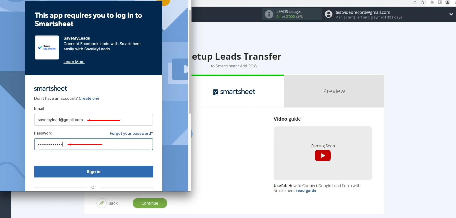Smartsheet and Google Lead Form integration | Enter your Smartsheet login credentials Smartsheet and Google Lead Form integration | Enter your Smartsheet login credentials