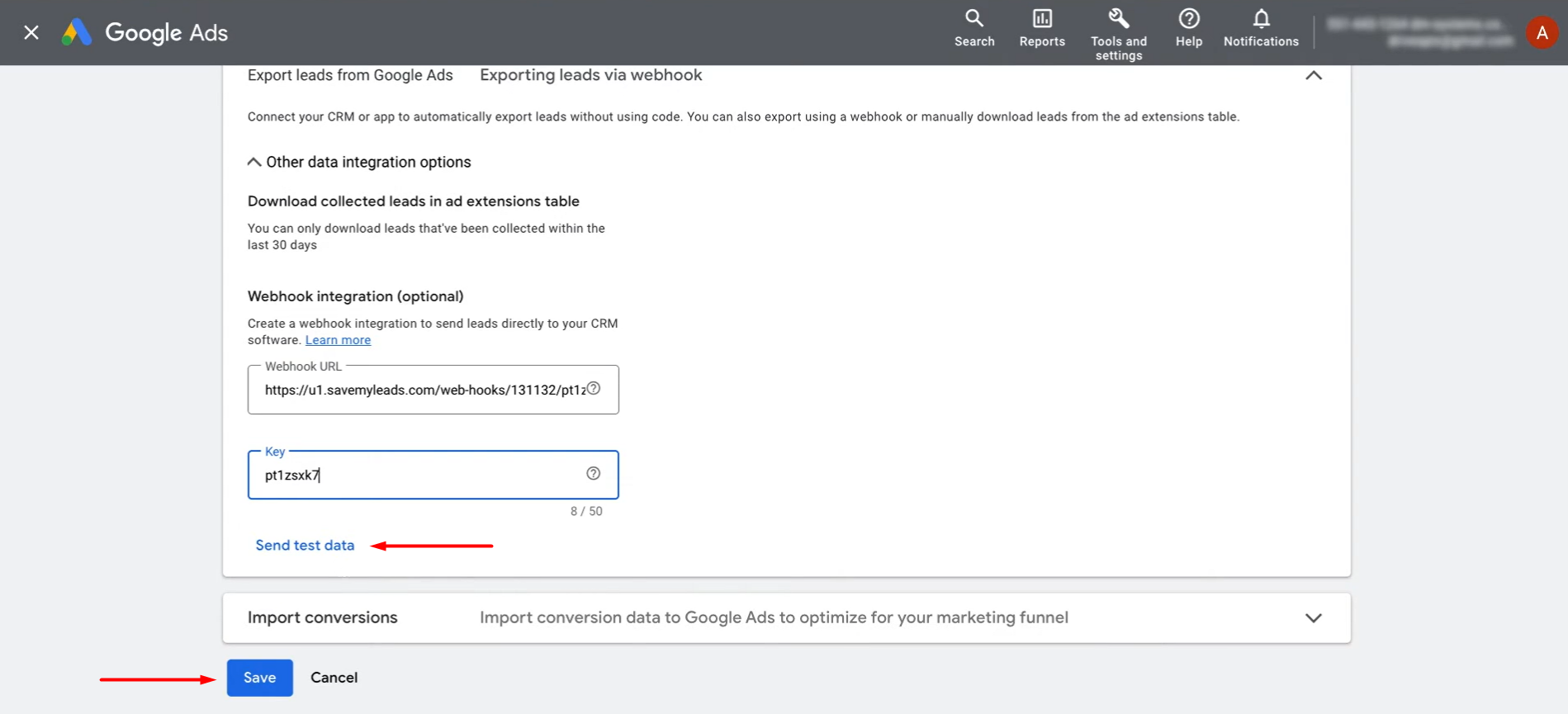 Send test data and save the changes Send test data and save the changes