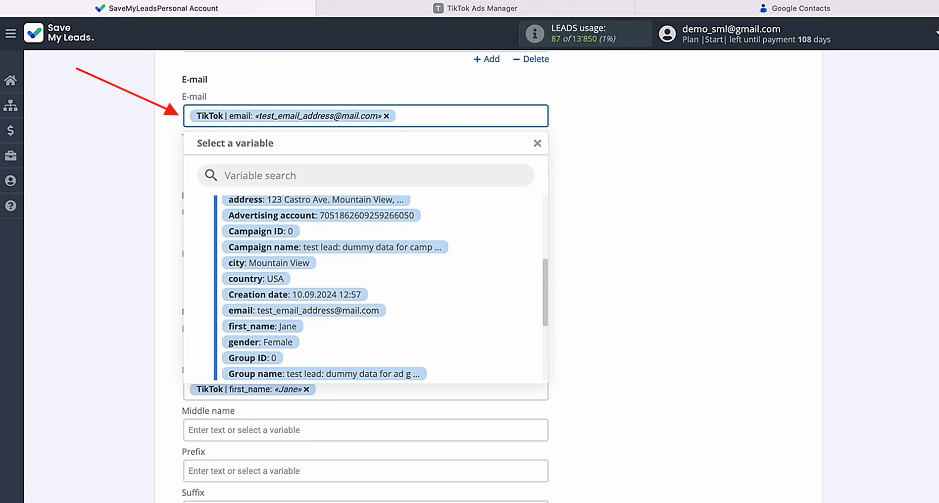 Map variables from TikTok to Google Contacts fields