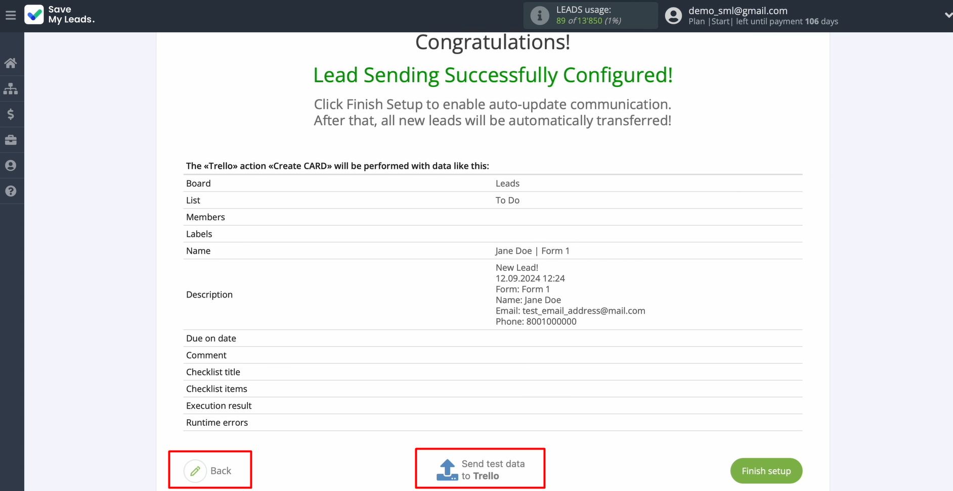 Send test data to Trello Send test data to Trello