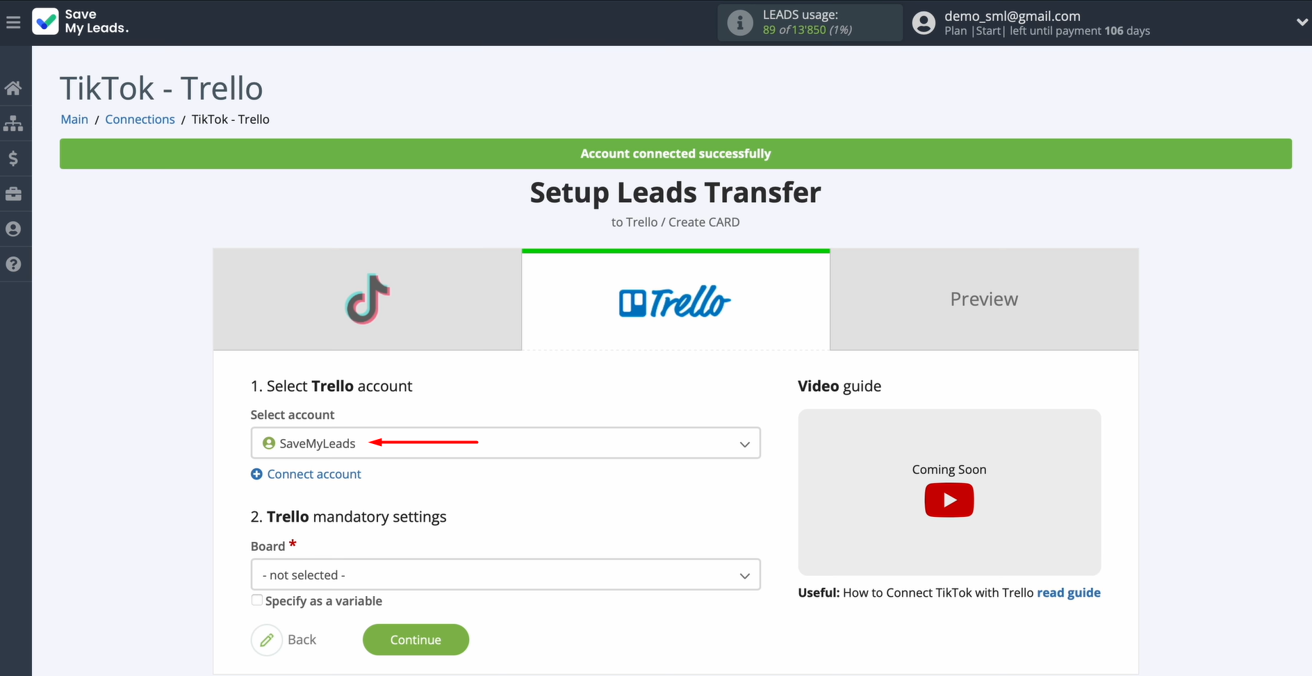 Select the connected account Select the connected account