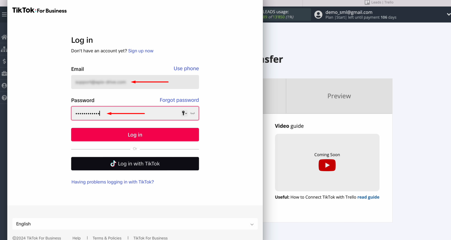 Specify the login and password of your TikTok account Specify the login and password of your TikTok account
