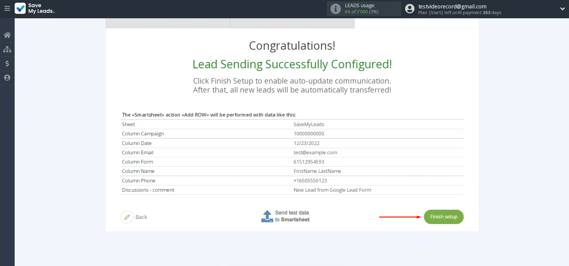 How to connect Google Ads Lead Form to Smartsheet | Click “Finish setup” How to connect Google Ads Lead Form to Smartsheet | Click “Finish setup”