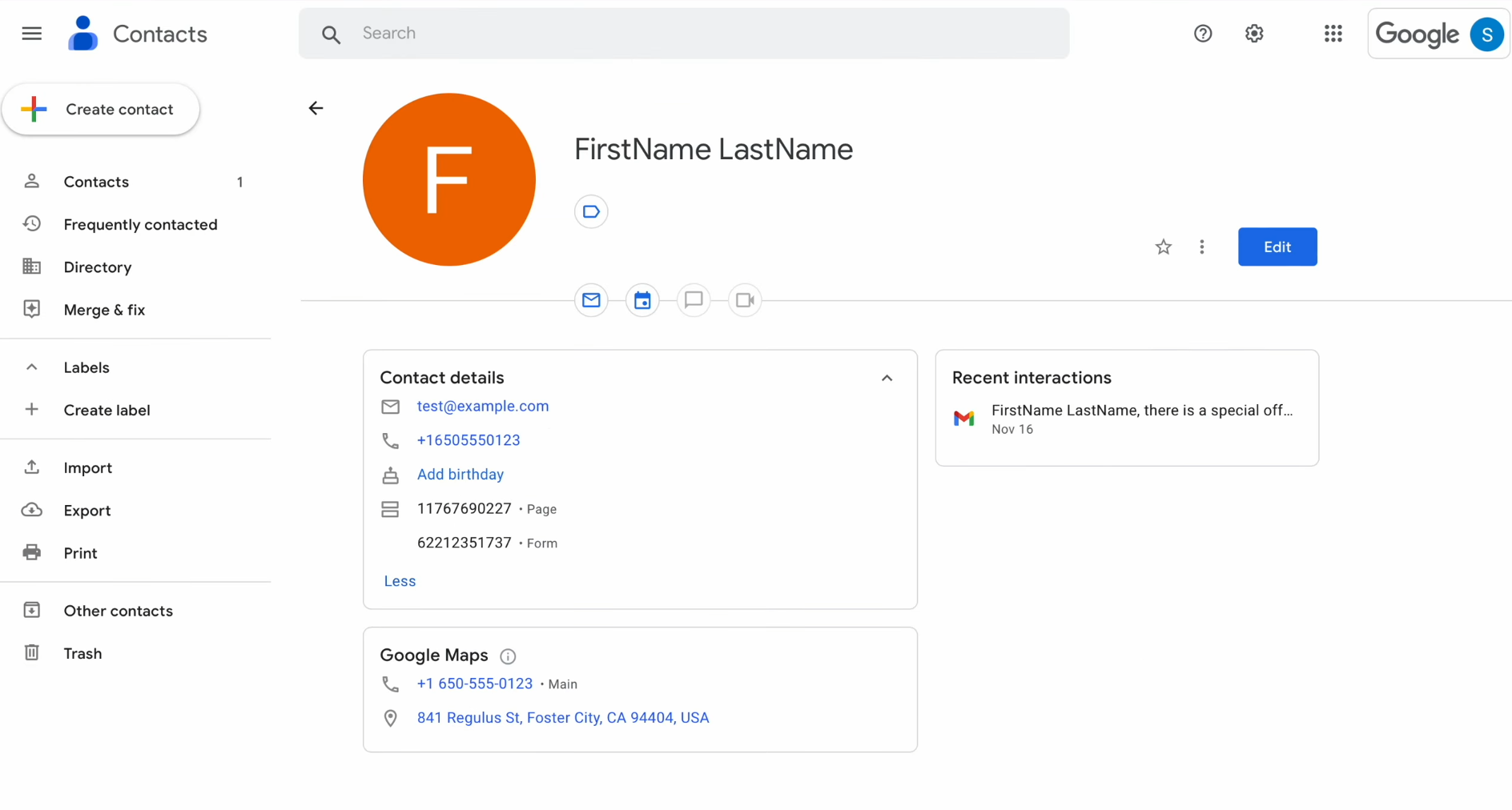 Result of the data transfer to Google Contacts Result of the data transfer to Google Contacts