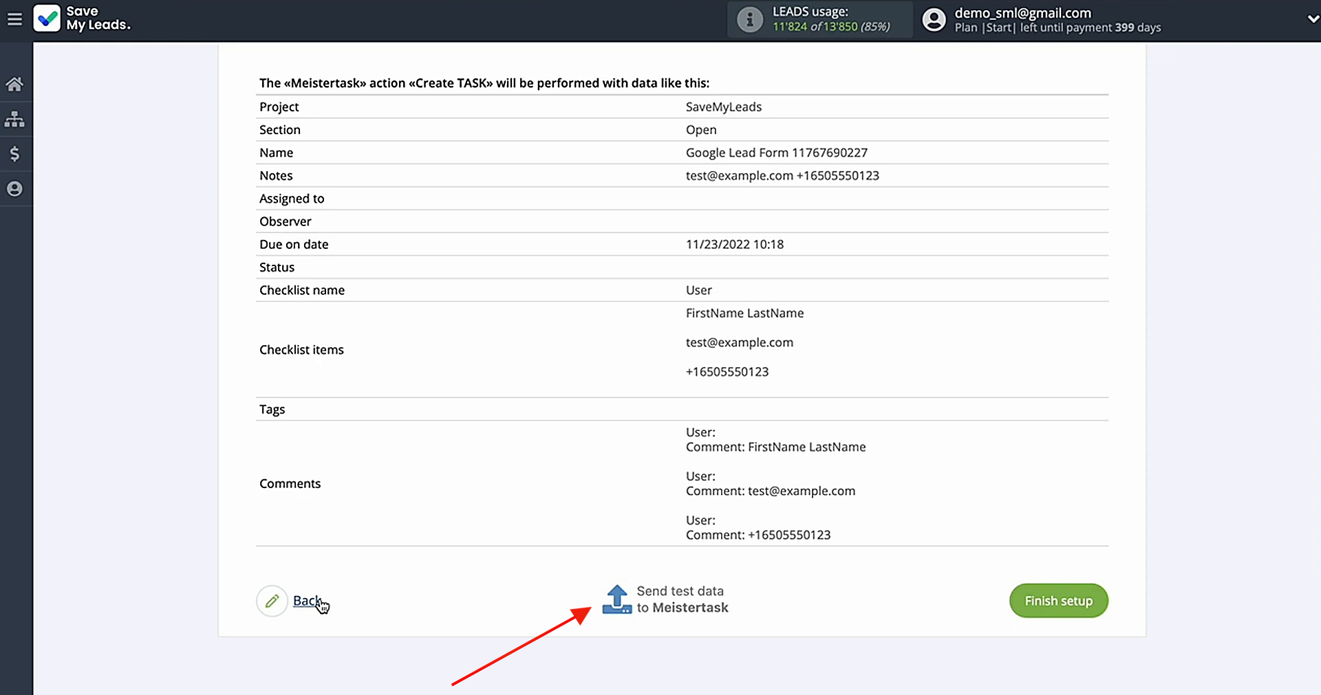 Send test data to MeisterTask
