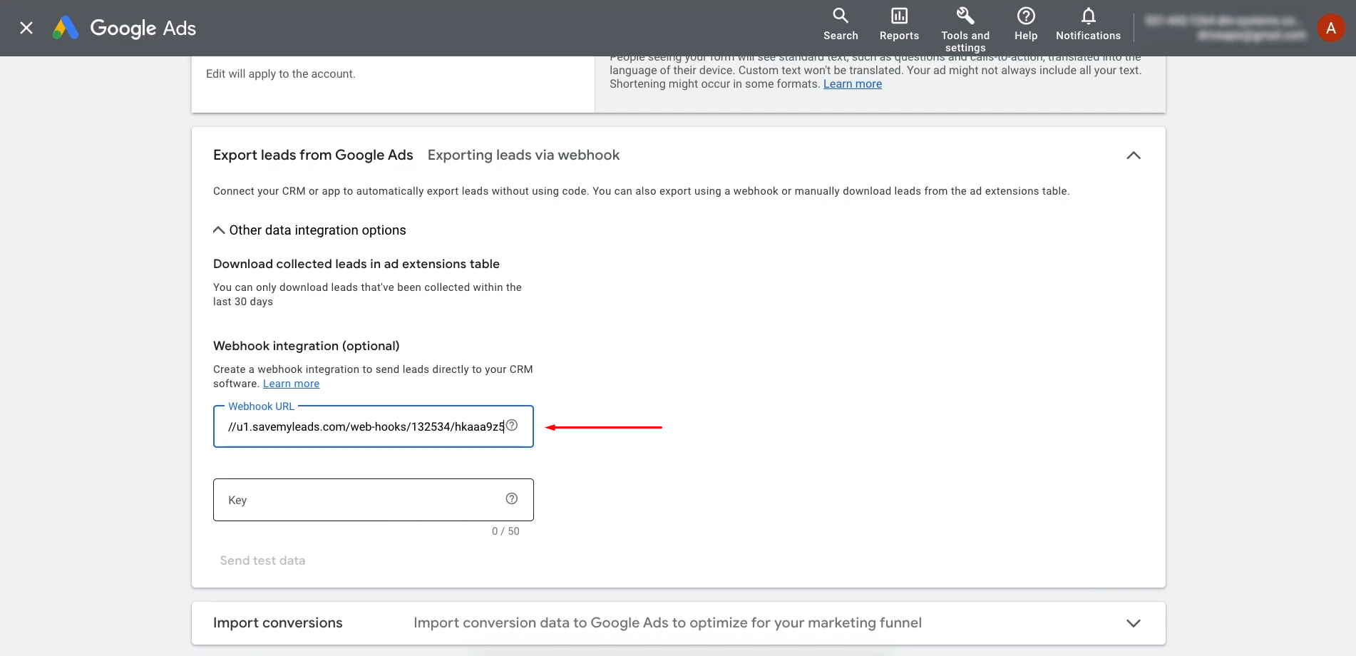 Paste the copied Webhook URL into the designated field Paste the copied Webhook URL into the designated field