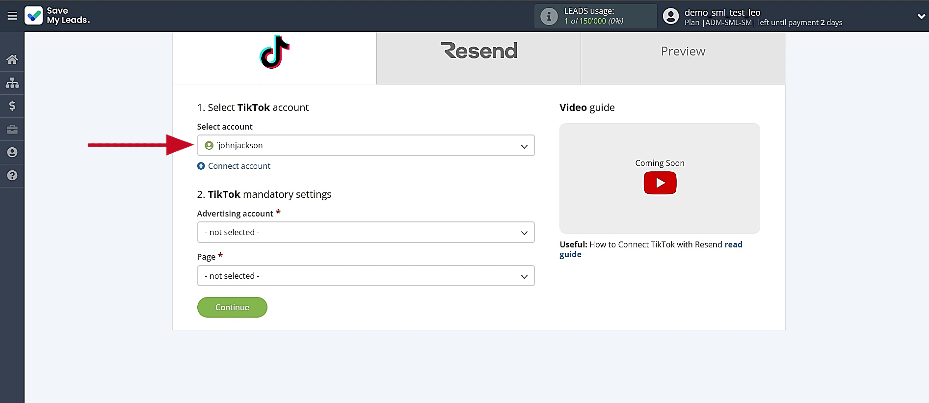 Select the connected account Select the connected account