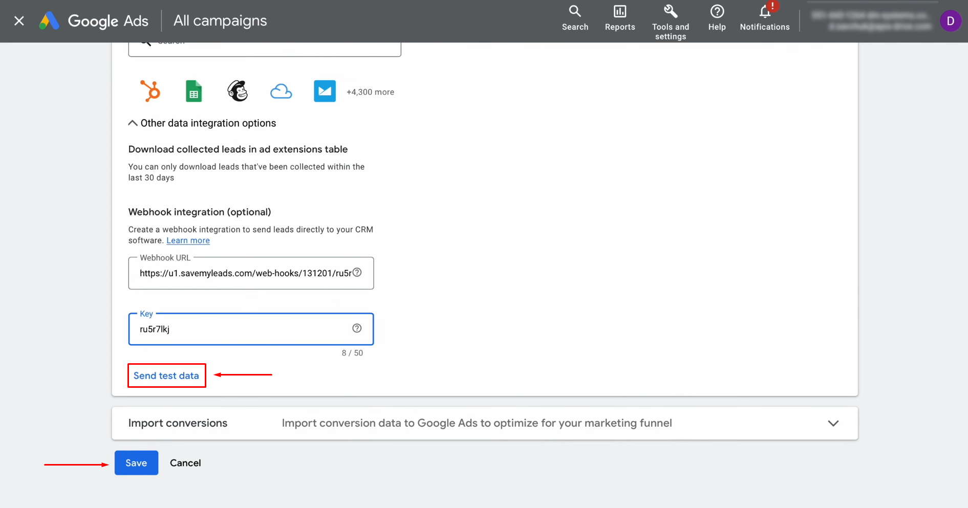 Send test data and click "Save" Send test data and click "Save"